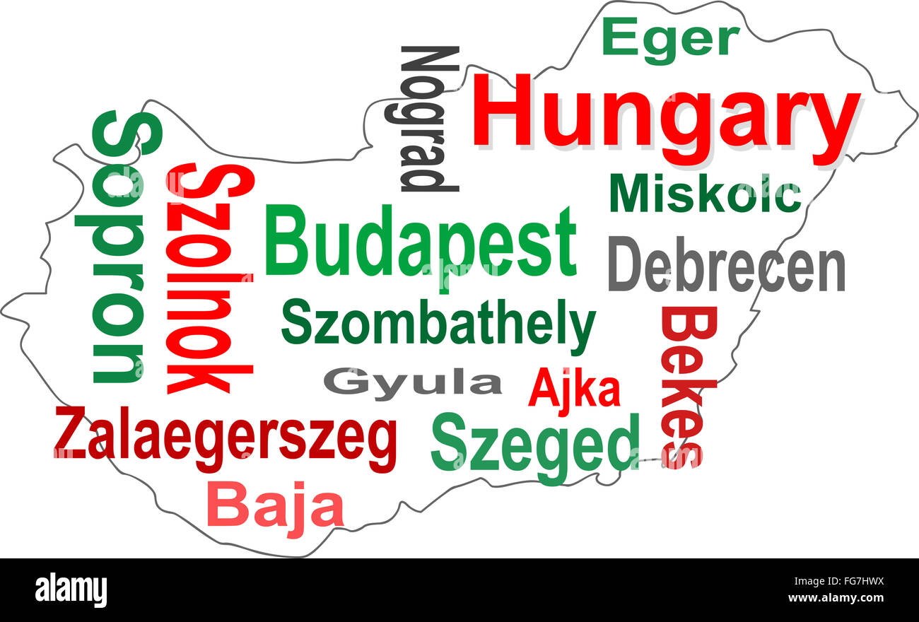 Mappa di Ungheria e parole cloud con le città più grandi Foto Stock