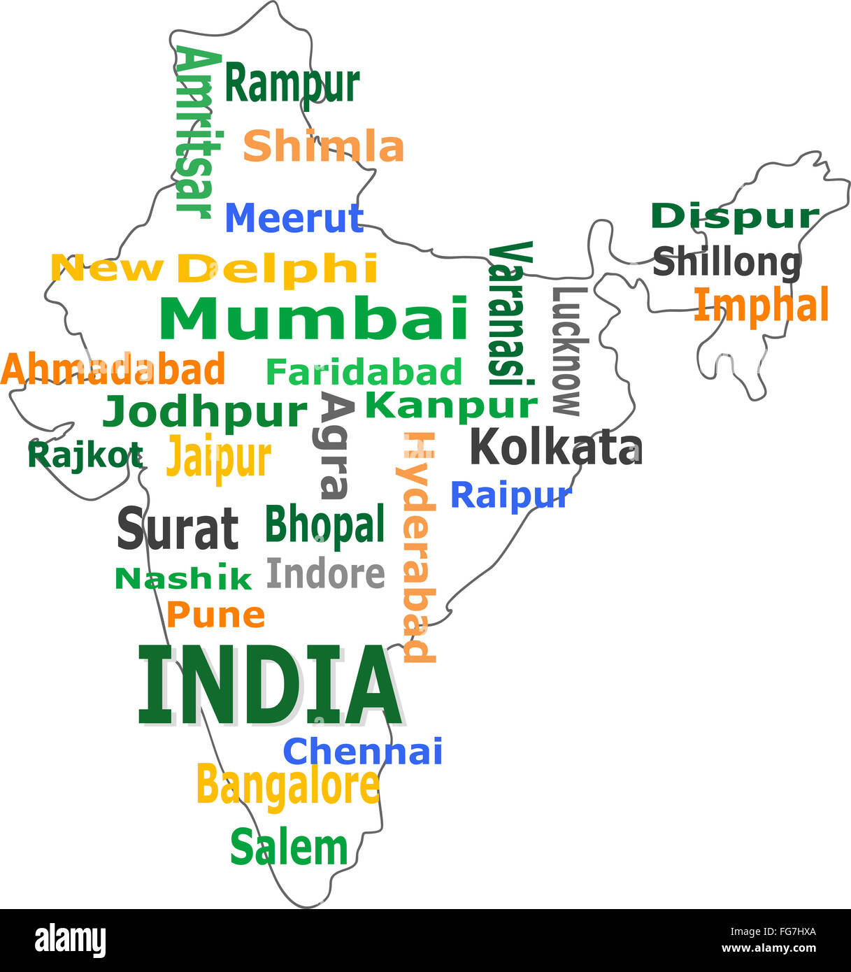 Mappa di India e parole cloud con le città più grandi Foto Stock