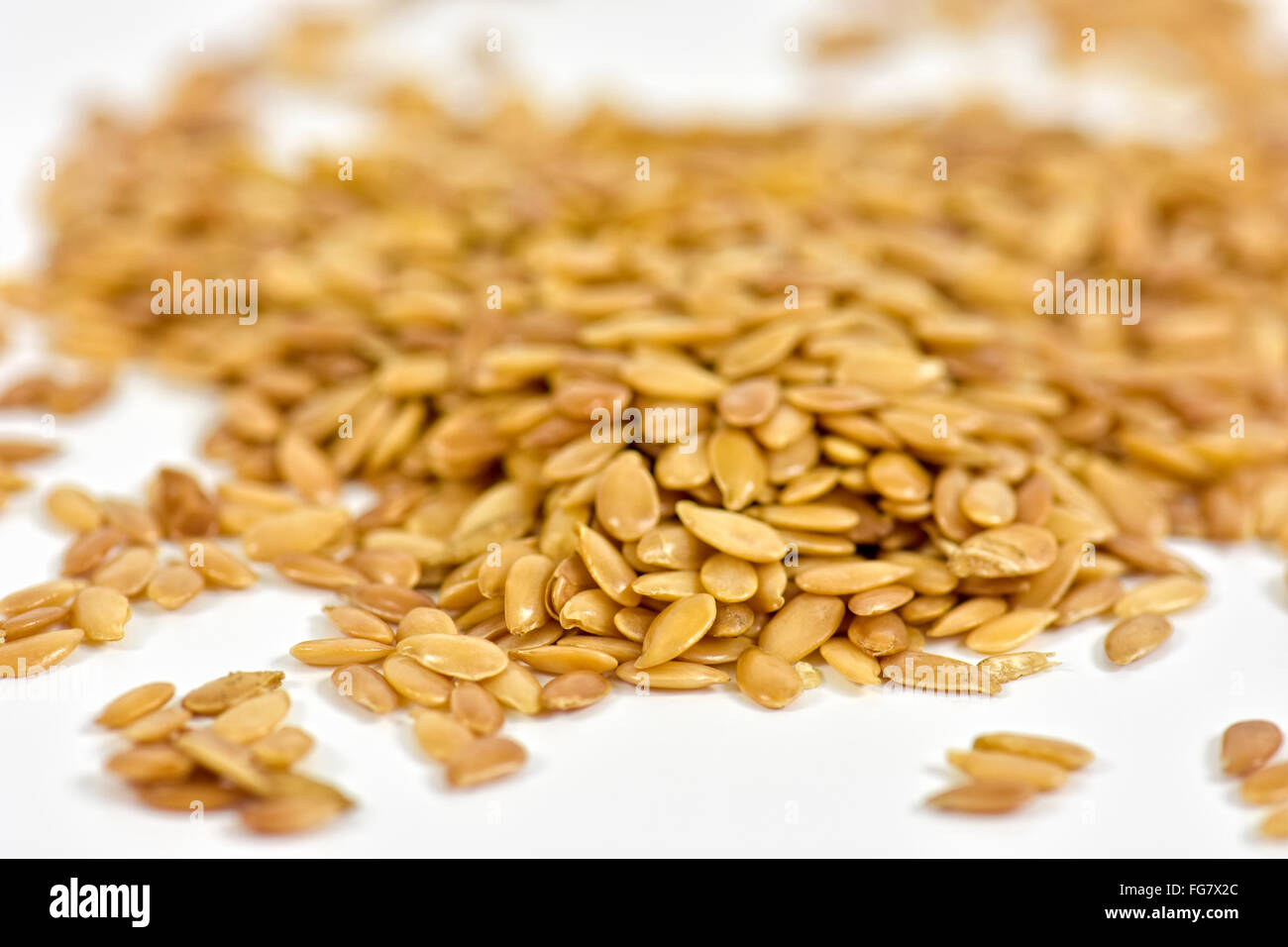 Close up i semi di lino d'oro su sfondo bianco Foto Stock