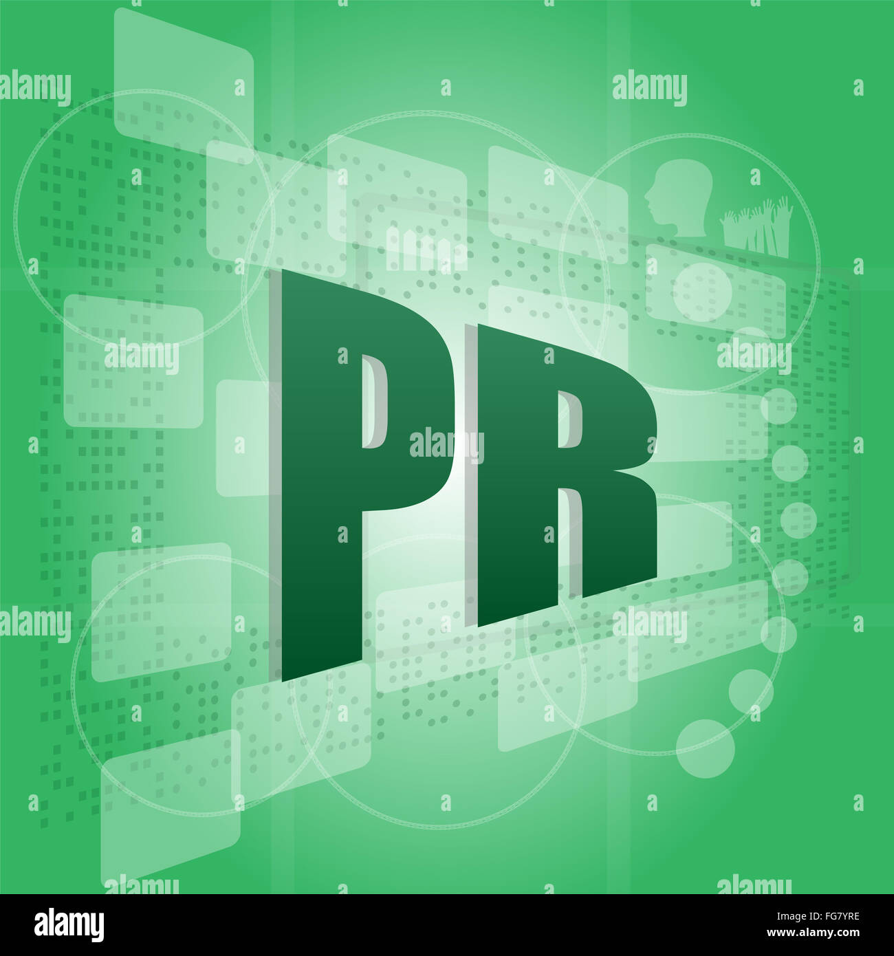 Pixel parole PR (pubbliche relazioni) sulla schermata digitale Foto Stock