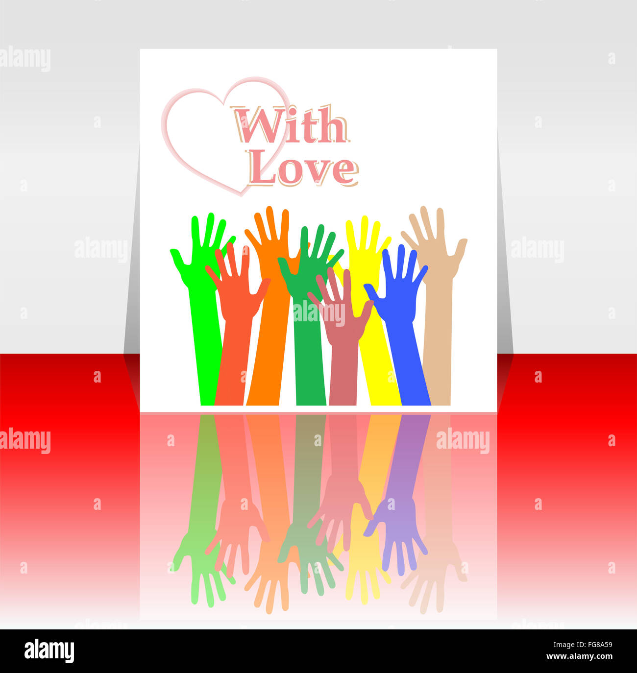 Il flyer o design di copertura con felice collaborazione le mani e il cuore di amore Foto Stock