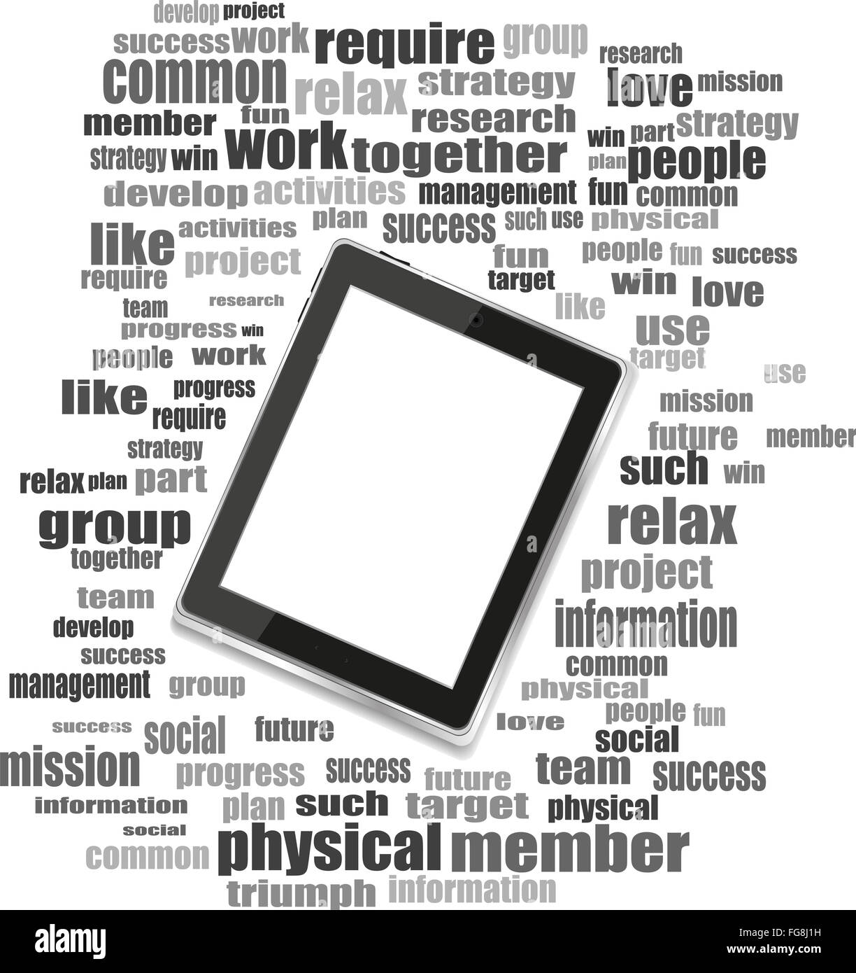 Tablet PC in social media parole, comunicazione globale delle reti di computer Foto Stock