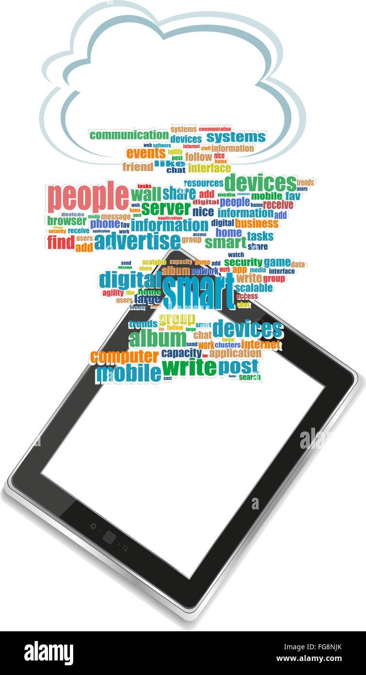 Tablet PC in social media parole, comunicazione globale delle reti di computer Foto Stock