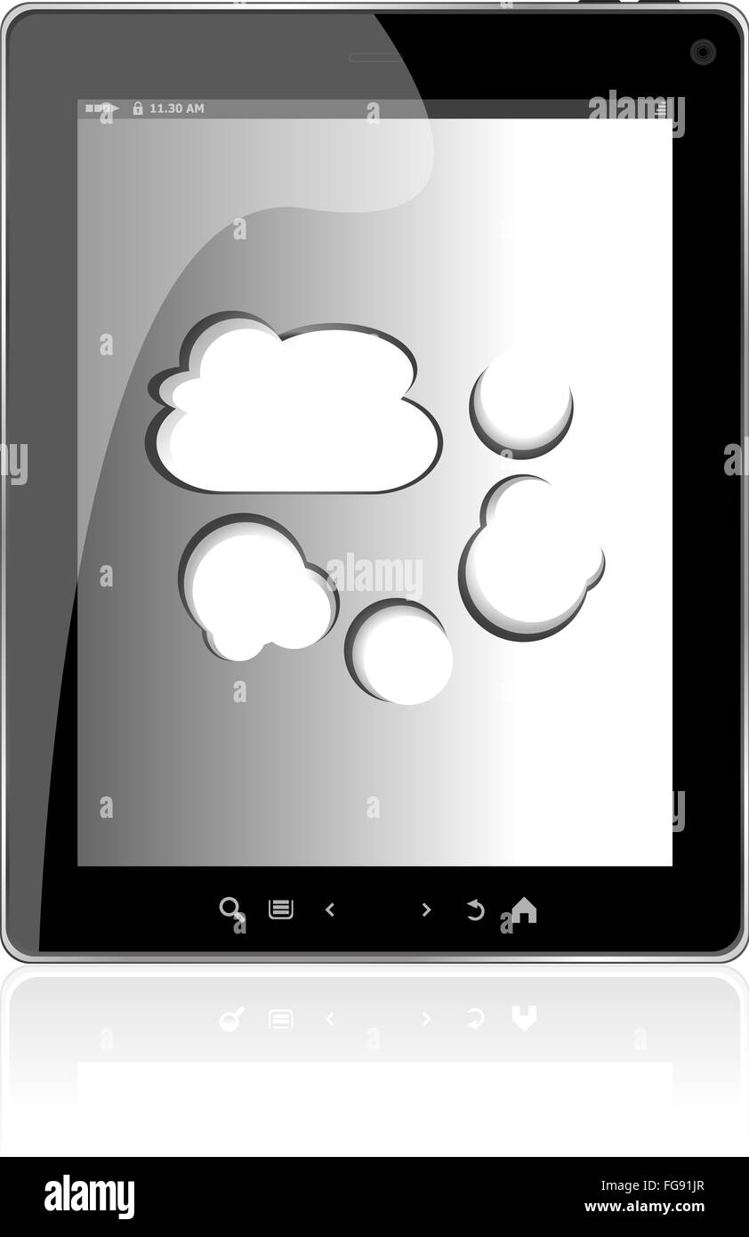 Il cloud computing il collegamento sul digitale tablet pc. Immagine concettuale. Isolato su bianco. Foto Stock