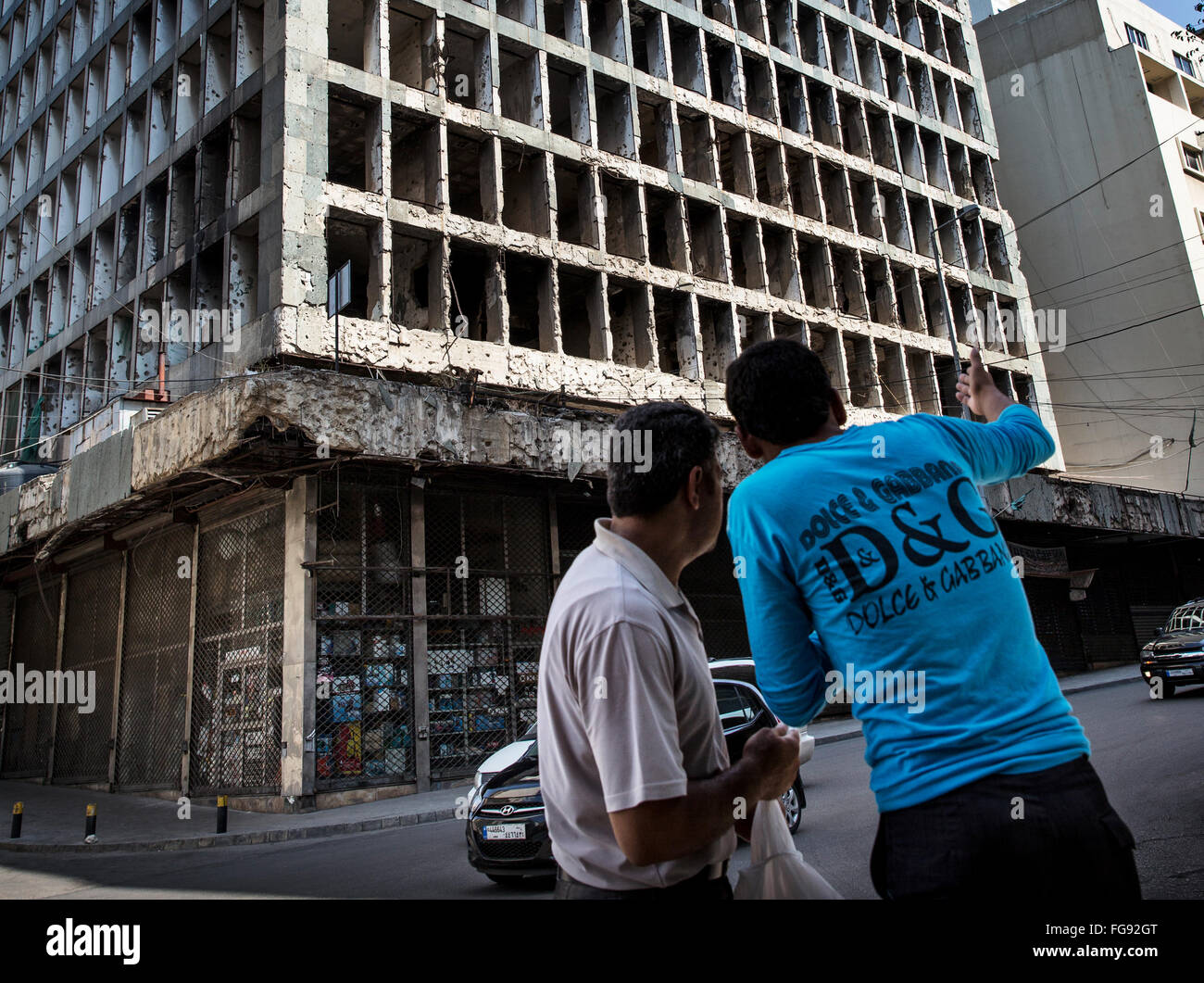 Colpo fino casa combattuto durante la guerra civile "linea verde" a Beirut. Foto Stock