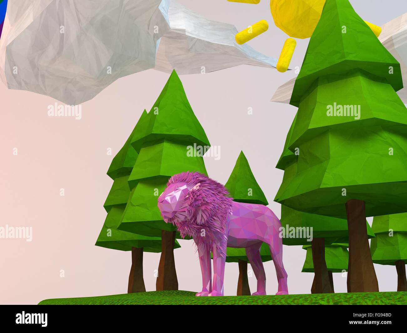 3d lion all'interno di un basso-poli verde scena con Sun, alberi, nuvole e un arcobaleno Foto Stock