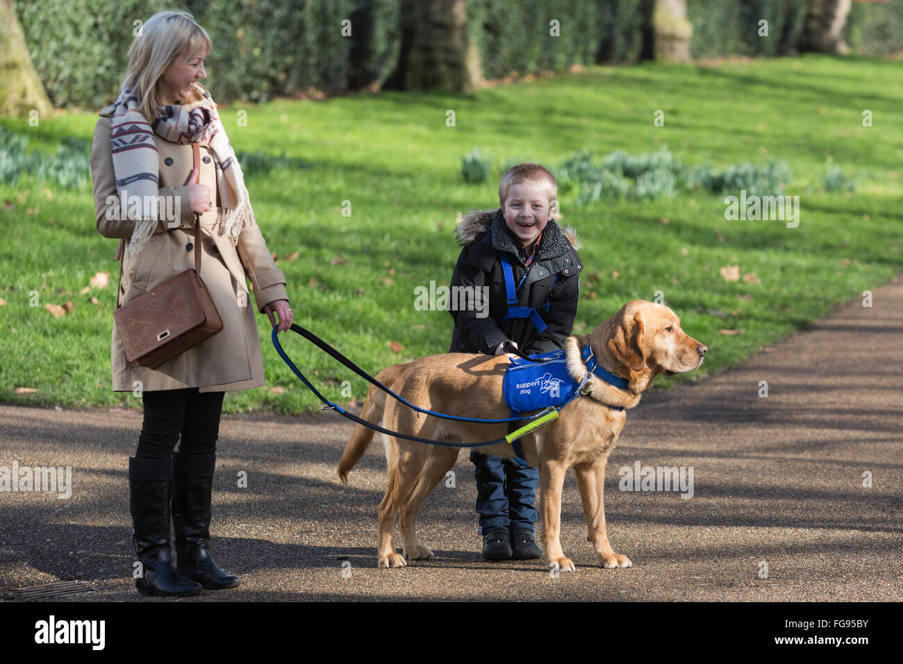 Londra, Regno Unito. Il 18 febbraio 2016. Cohen Hadfield, 7, da Rotherham, South Yorkshire con Azerley, un Golden Retriever croce, autismo cane di assistenza e sua mamma. Il Crufts 2016 cane eroi finalisti sono stati rivelati dal Kennel Club. L annuale Eukanuba Amici per la vita concorso gestito dal Kennel Club festeggia ispirando storie di cani compagnia di fronte alle avversità. © Immagini vibranti/Alamy Live News Foto Stock