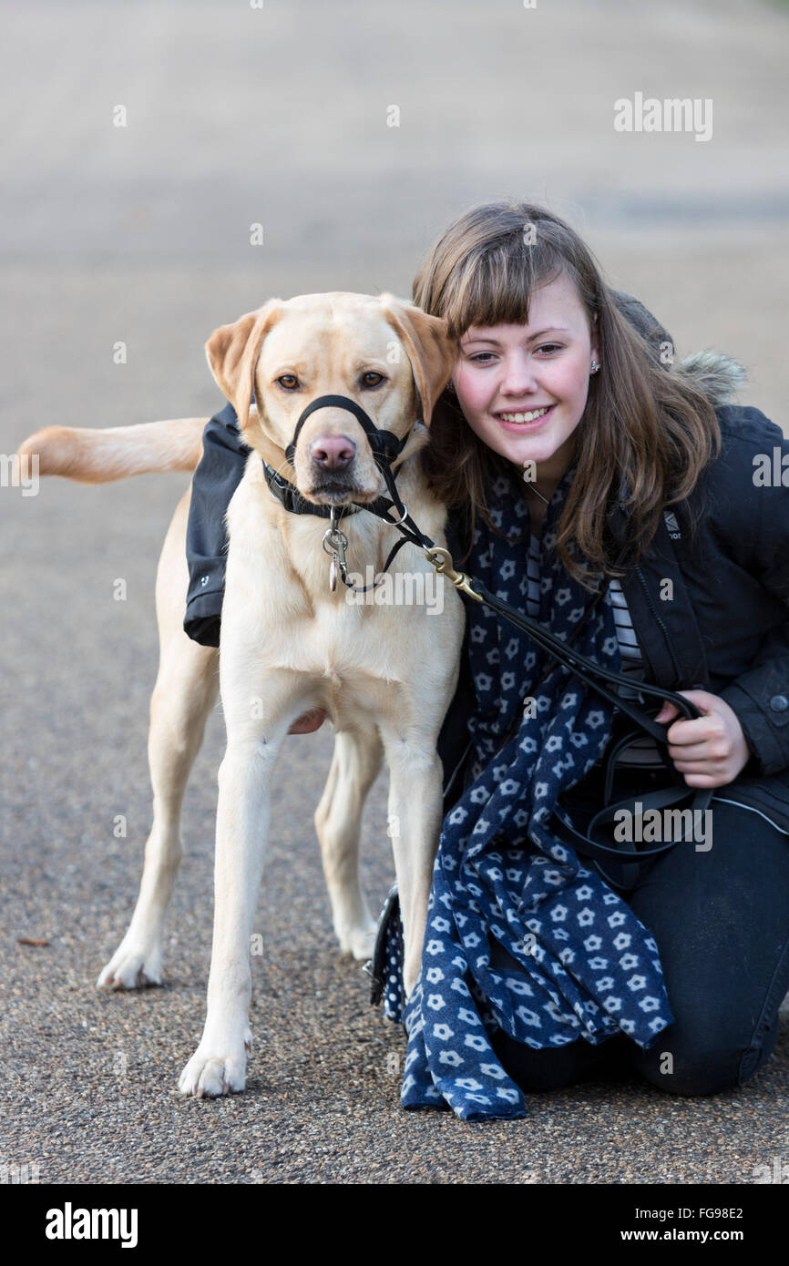 Londra, Regno Unito. Il 18 febbraio 2016. Sophie Pearman con Labrador Retriever Scooby, un cane che è in grado di monitorare pazienti diabetici Sophie's i livelli di zucchero nel sangue. Il Crufts 2016 cane eroi finalisti sono stati rivelati dal Kennel Club. L annuale Eukanuba Amici per la vita concorso gestito dal Kennel Club festeggia ispirando storie di cani compagnia di fronte alle avversità. © Immagini vibranti/Alamy Live News Foto Stock