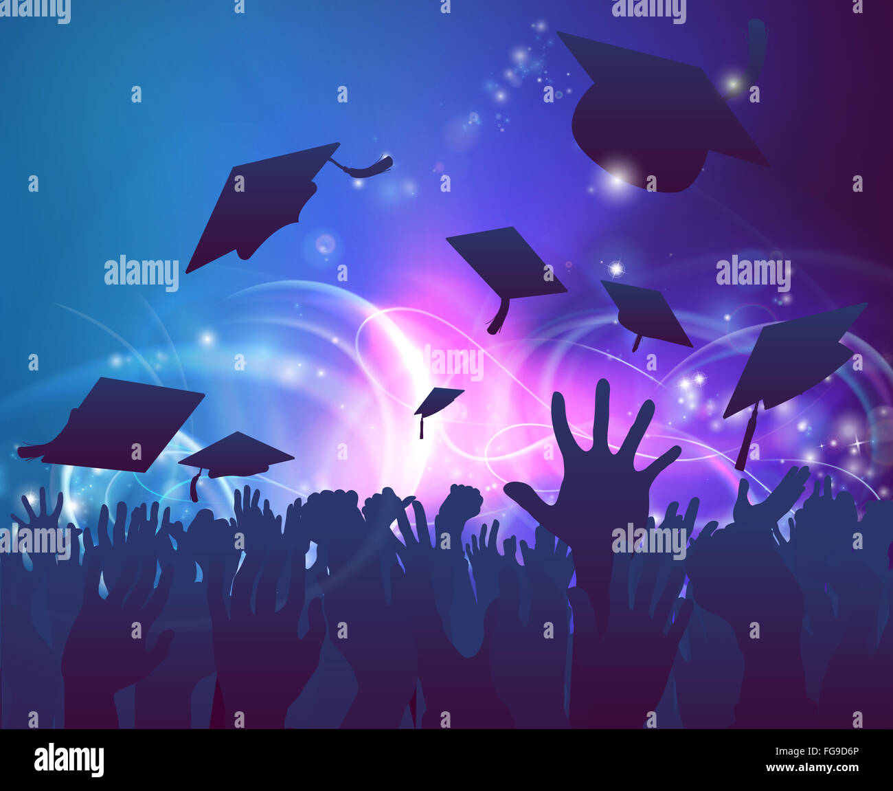 Convocazione di graduazione folla concetto di studente mani in silhouette gettando la loro scheda di mortaio caps celebrando con abstract b Foto Stock