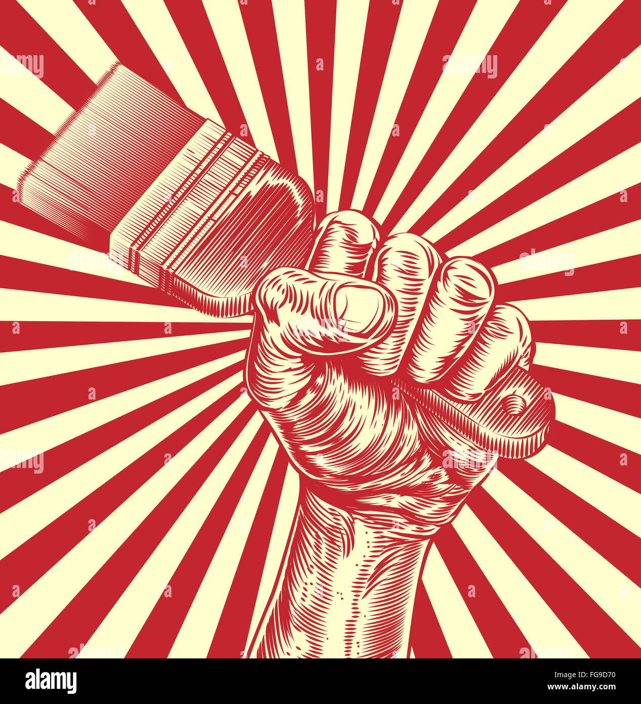 Un design originale del pugno di una mano che tiene un dolore tbrush in un vintage poster di propaganda in legno stile di taglio Foto Stock