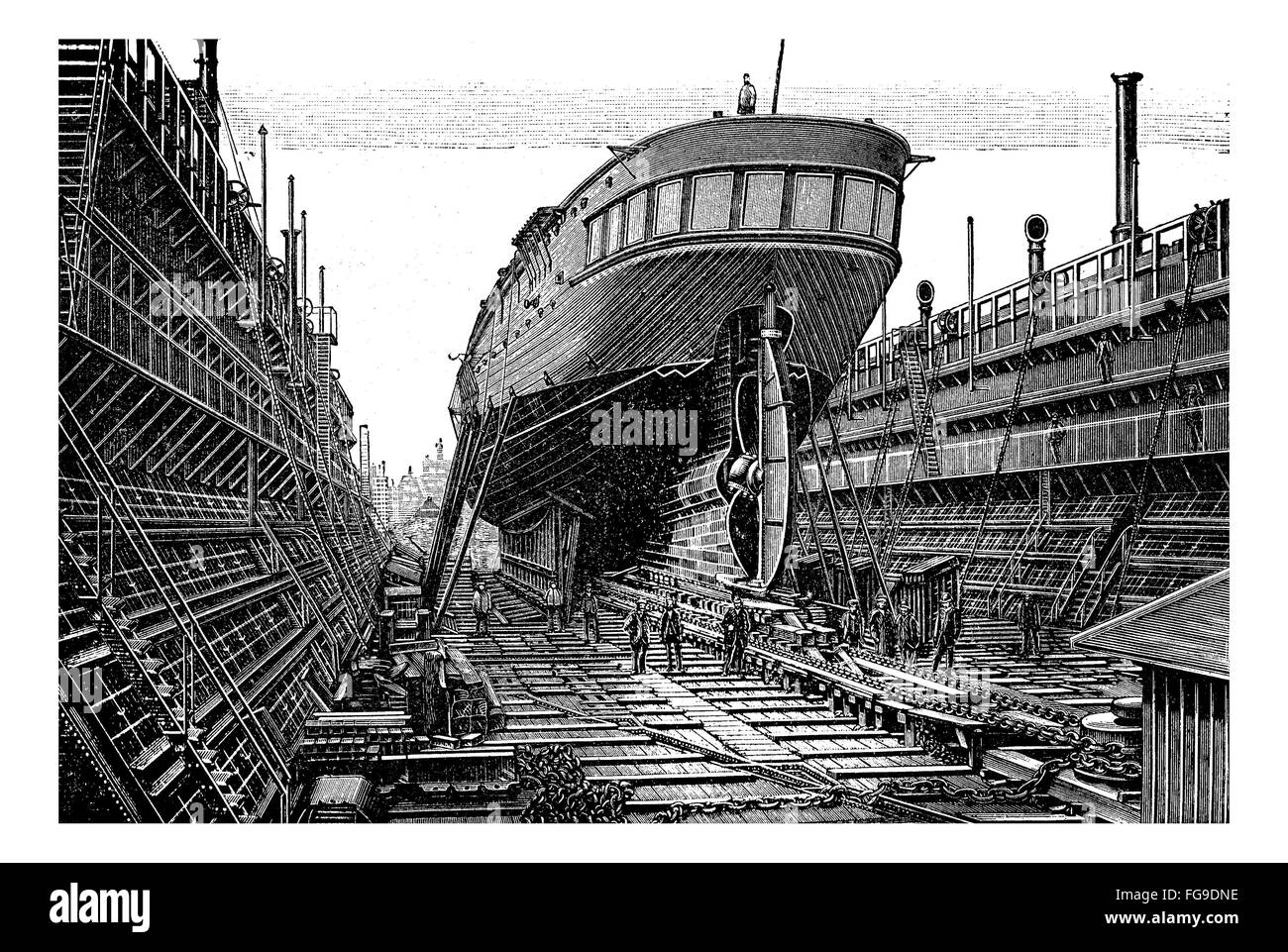 Incisione Vintage, a propulsione a vapore nave in bacino galleggiante - dock Foto Stock