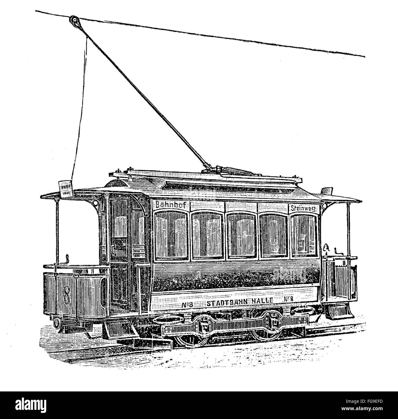 Stampa dal tardo Ottocento raffigurante un elettrico tedesco dei tram Foto Stock