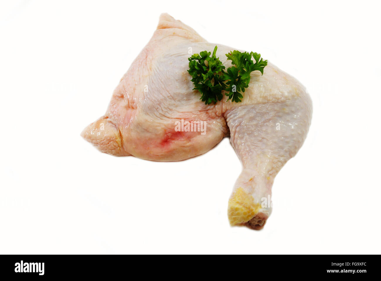 Prezzemolo fresco sulla parte superiore di un organico di Pollo gamba trimestre Foto Stock