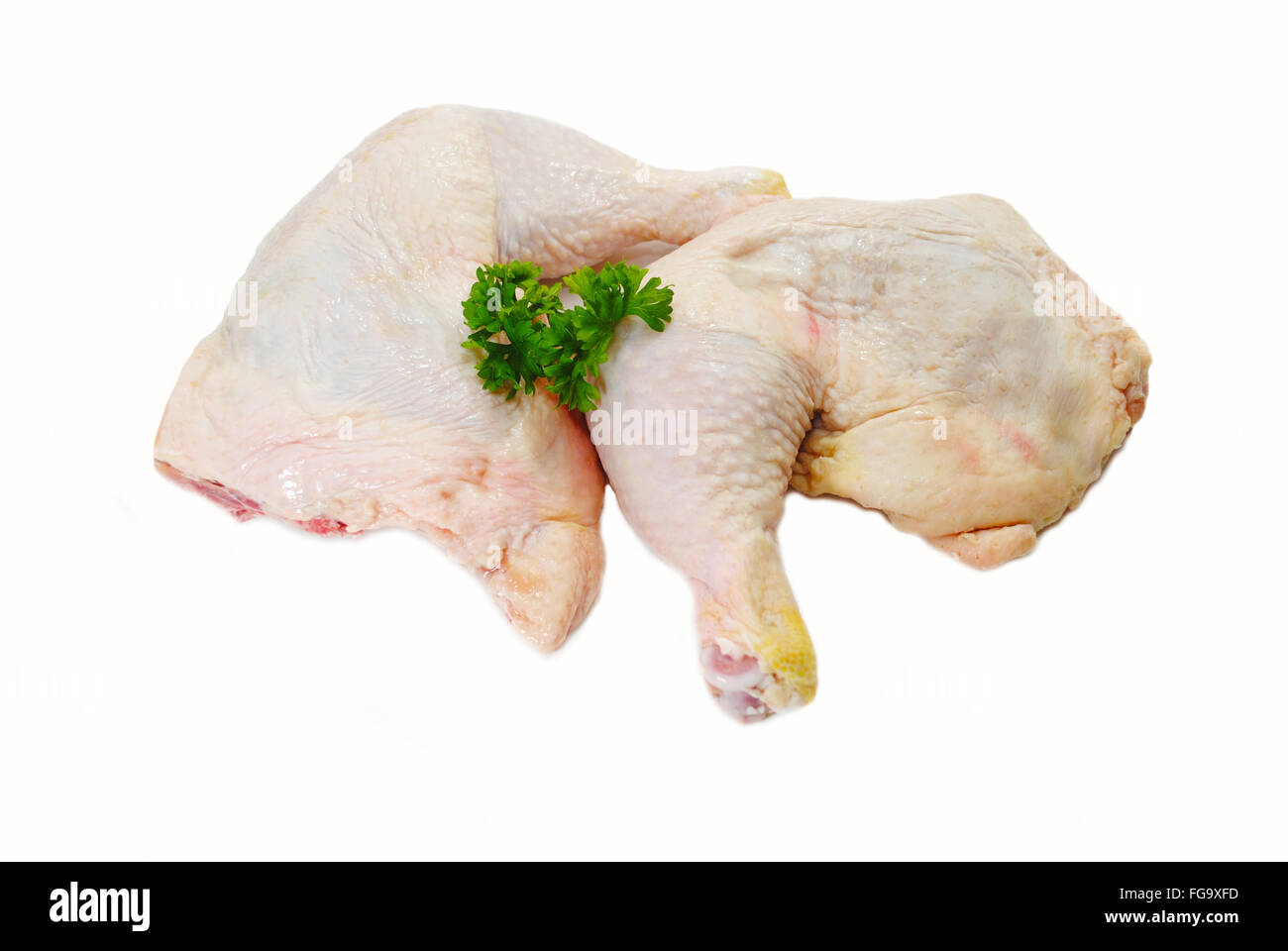 Prezzemolo fresco sulla parte superiore dei due organici di Pollo gamba Qt Foto Stock