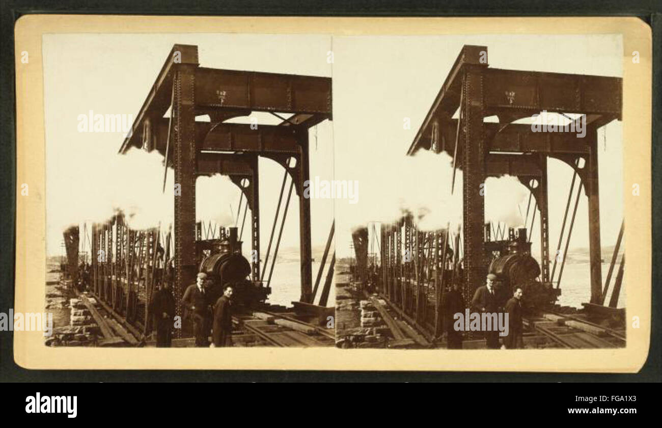 Ponte in costruzione con treno su piste, da Robert N. Dennis raccolta di vista stereoscopica Foto Stock