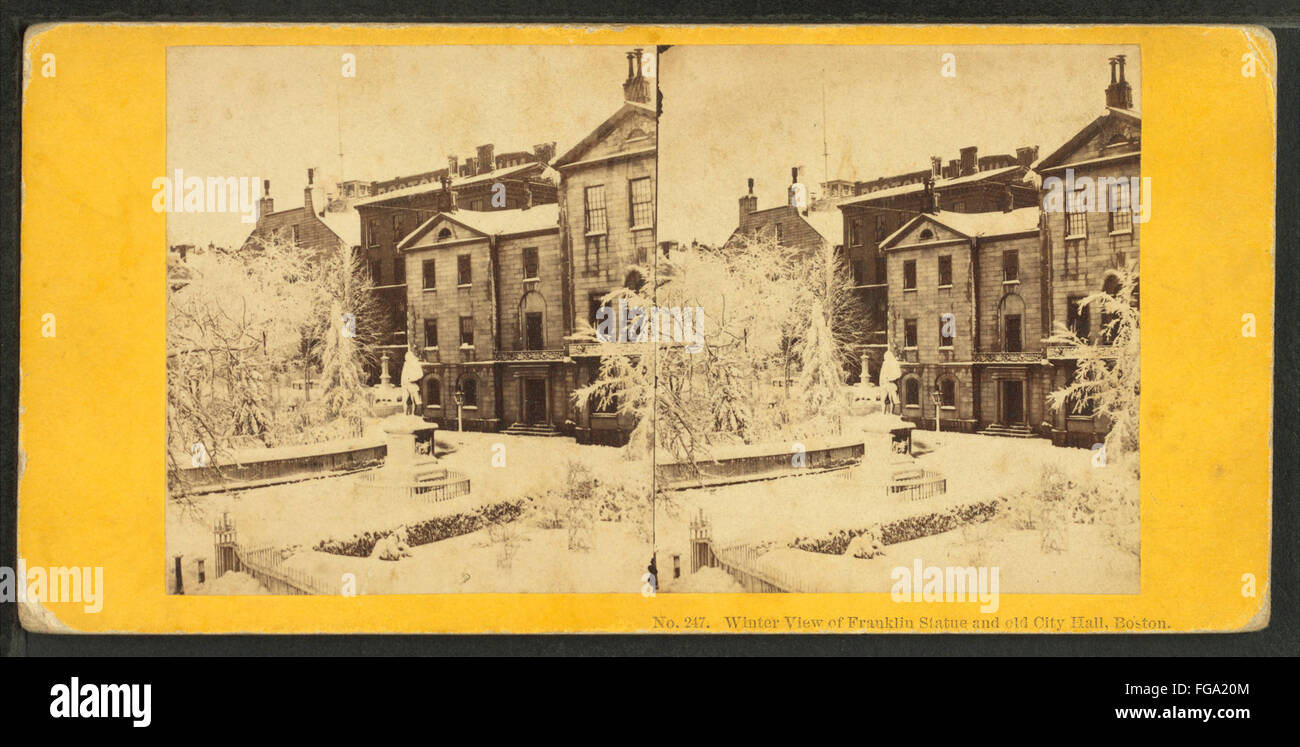 Vista invernale della statua di Franklin e il vecchio municipio, Boston, da Soule, John P., 1827-1904 Foto Stock