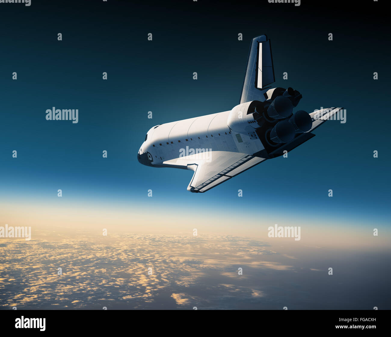 Space Shuttle vola nel cielo. Scena 3d. Foto Stock