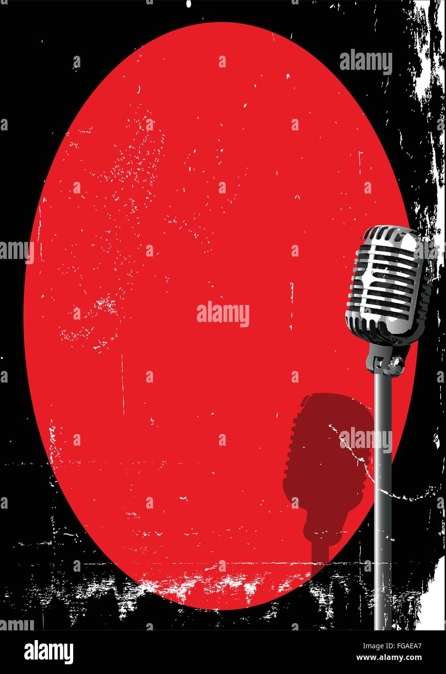 Un faretto su un microfono retrò su uno sfondo rosso con grunge FX Illustrazione Vettoriale