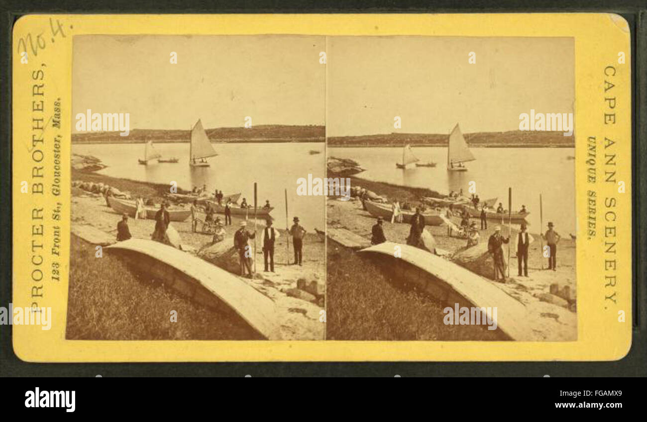 Spiaggia, atterraggio e camper, Pearce's Island, Annisquam River, da Procter fratelli Foto Stock