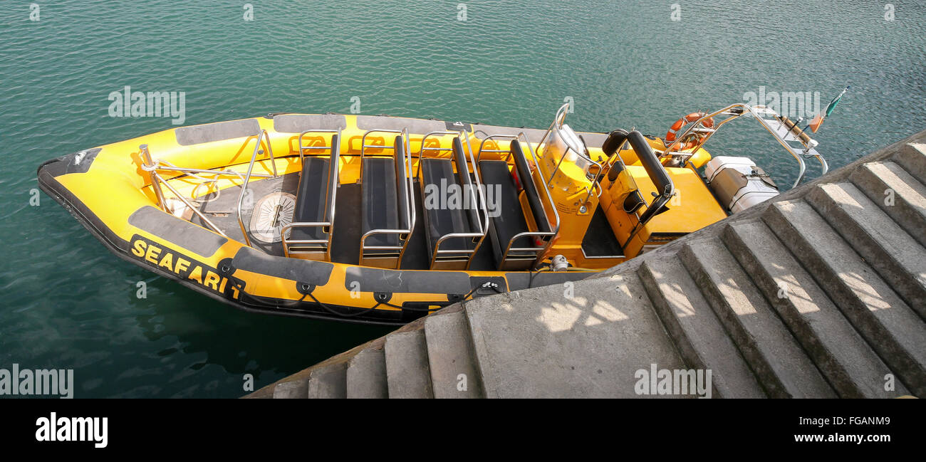 Giallo passeggero gonfiabile barca rigida gonfiabile, il Baltimore Mare Safari nervatura, Seafari 1, pronto per un viaggio da Baltimore County Cork in Irlanda Foto Stock