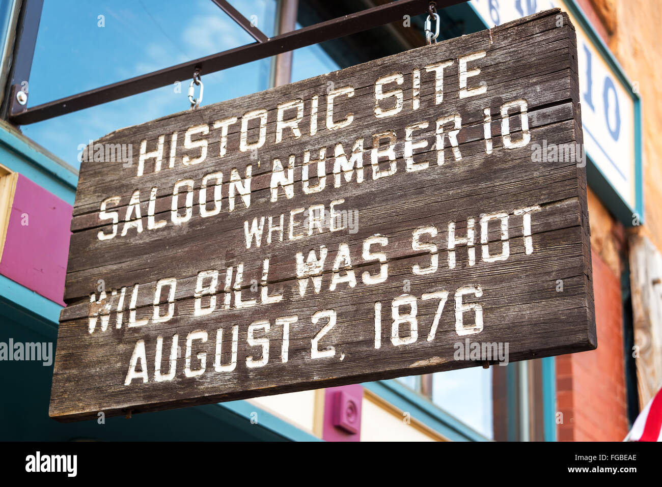 Segno segnando la posizione dove Wild Bill Hickok è stato girato in Deadwood, Dakota del Sud Foto Stock