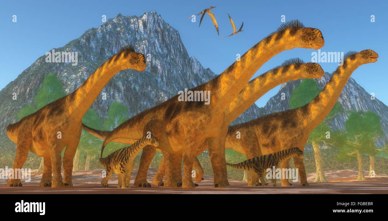 Un Camarasaurus sauropod dinosaur mandria vegliare sulla loro prole come due Rhamphorhynchus rettili sorvolare. Foto Stock