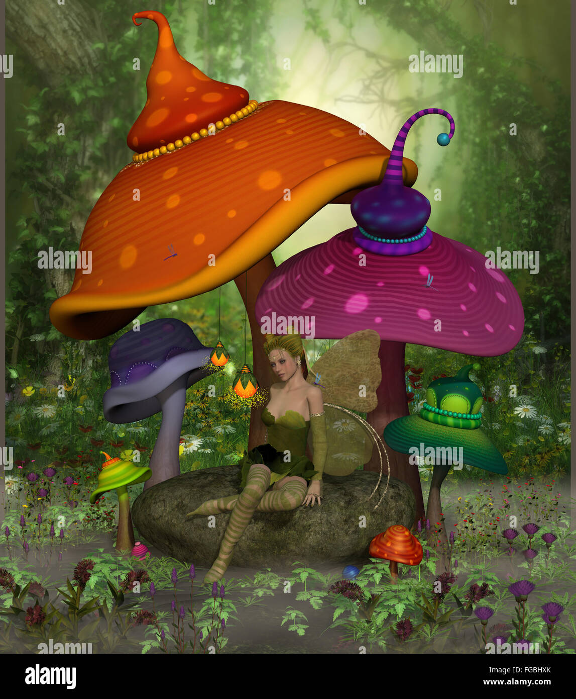 Fairy Daina rilassa su una roccia circondato da colorati fantasia di funghi e fiori nella foresta magica. Foto Stock
