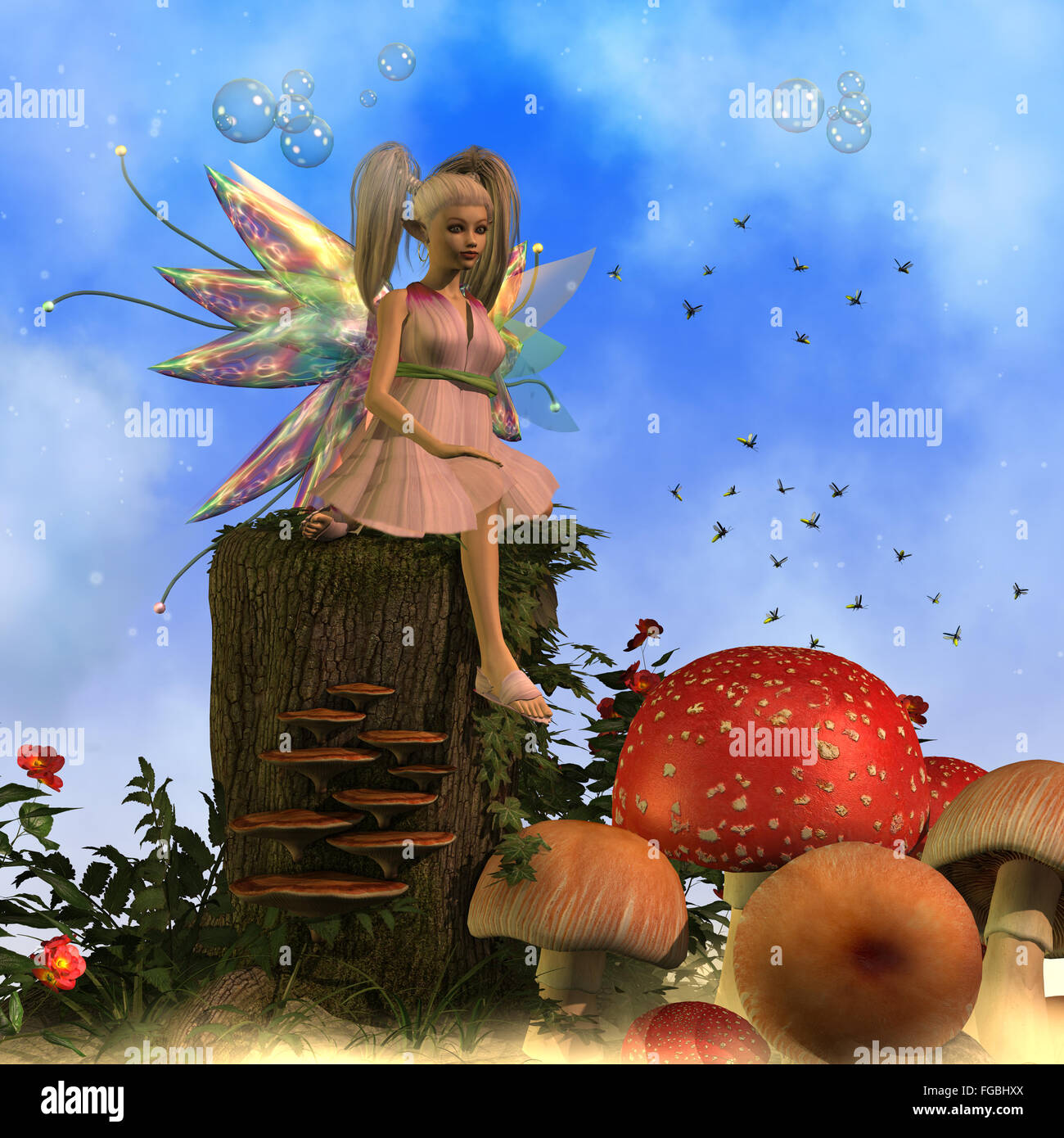 Uno sciame di lucciole volare intorno fata Faeryl in una foresta magica piena di funghi di grandi dimensioni. Foto Stock