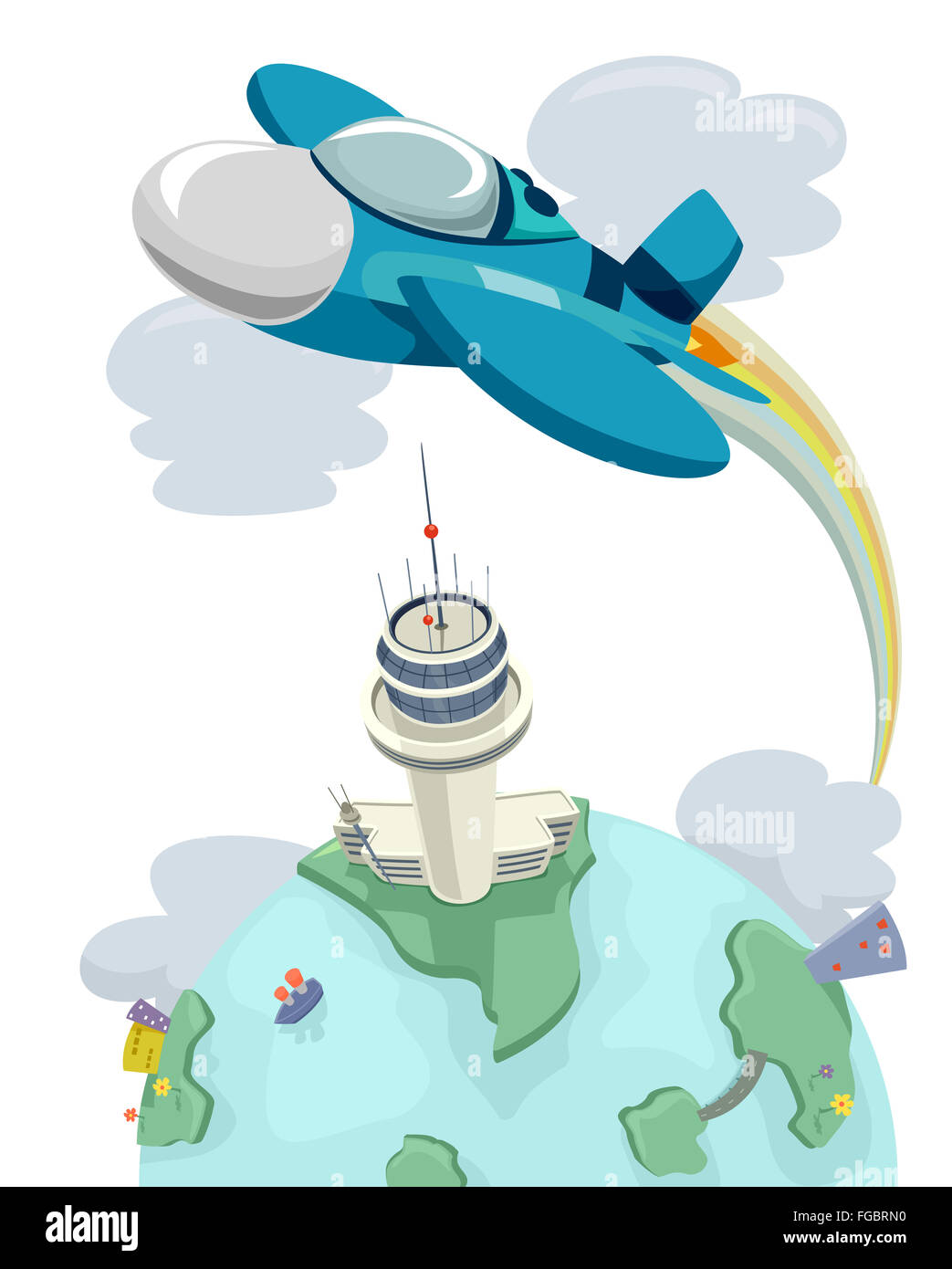 Illustrazione di un aereo di combattimento aereo sopra una torre di controllo Foto Stock