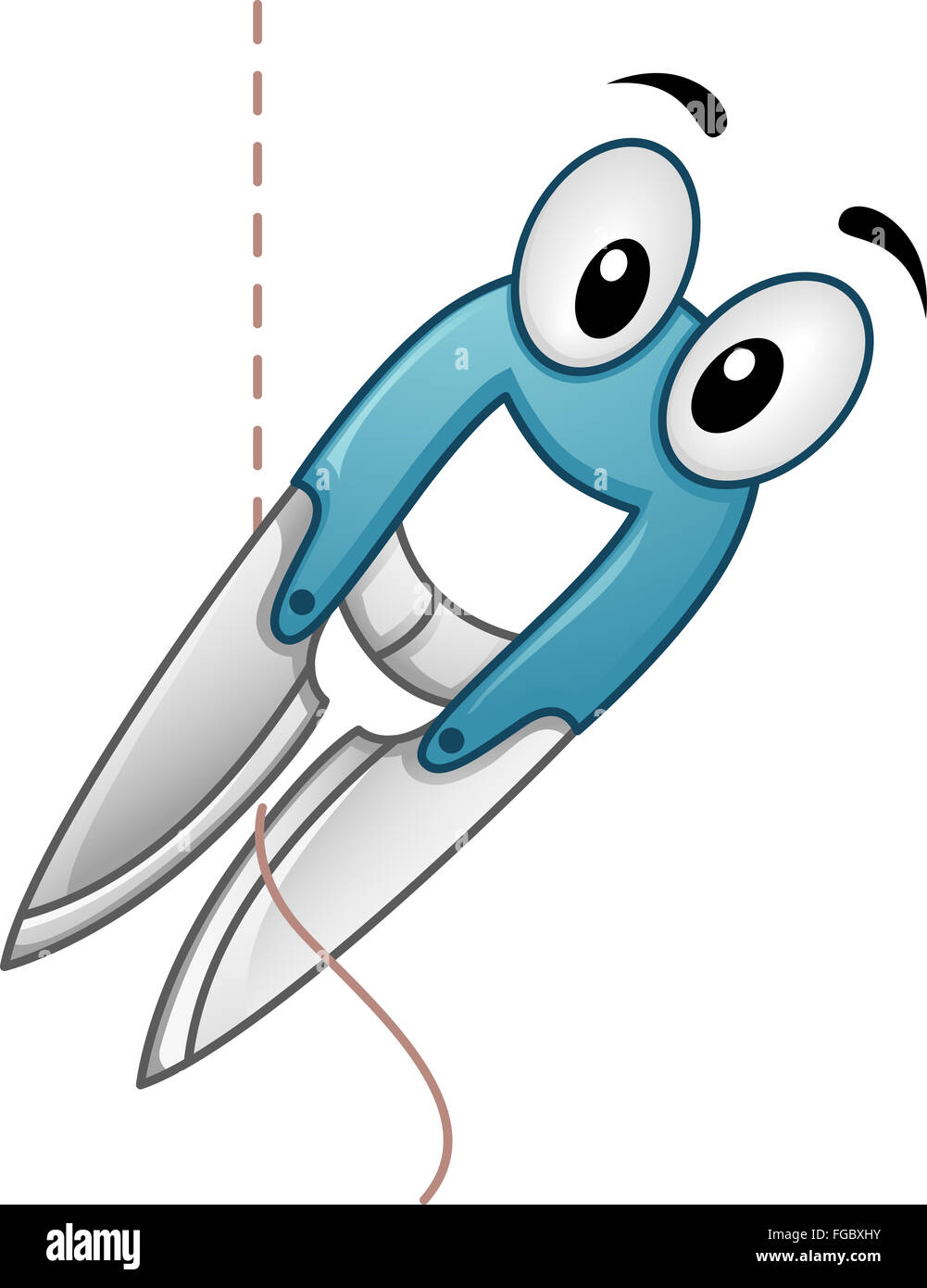 Il Mascot illustrazione di un dispositivo di taglio il taglio di una stringa di filo Foto Stock
