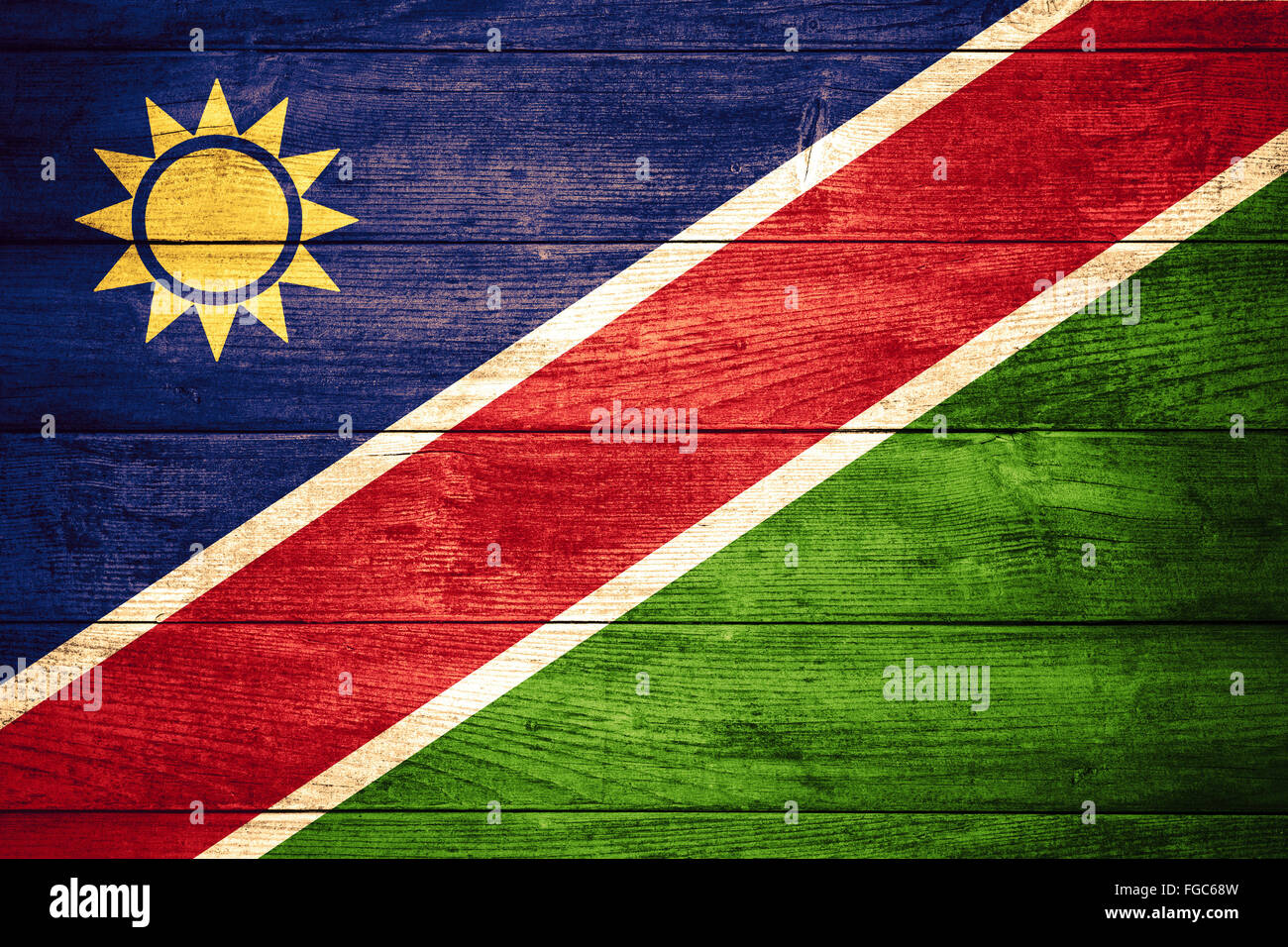 Bandiera della Namibia Namibia o banner su sfondo di legno Foto Stock