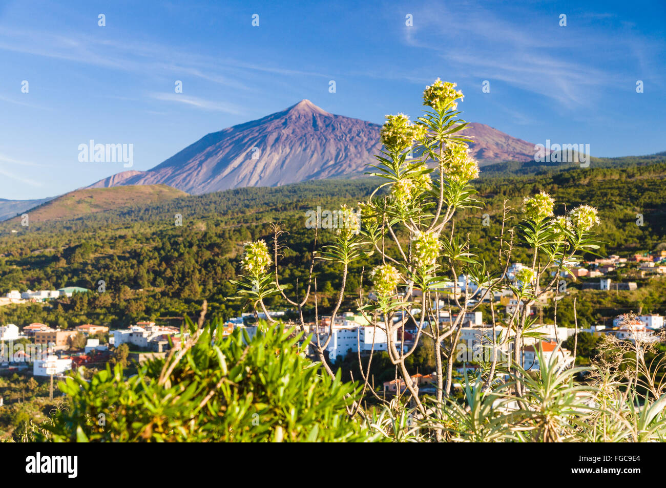 El vulcano Teide e El Tanque città Dal Mirador Lomo Molino, isola di Tenerife, Spagna Foto Stock
