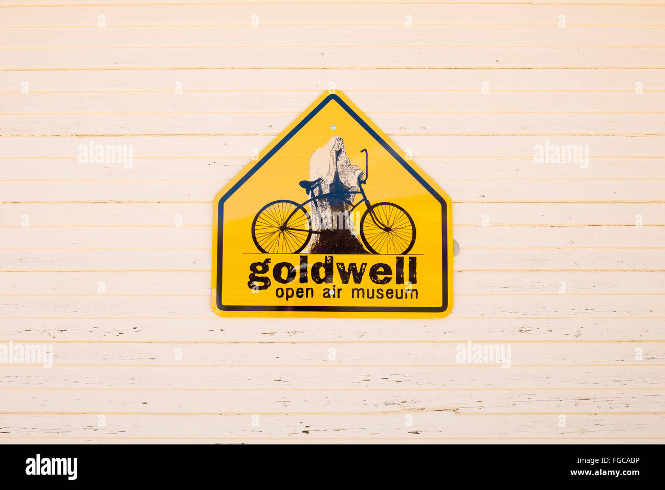 Un segno per Goldwell Open Air Museum di riolite, Nevada Foto Stock