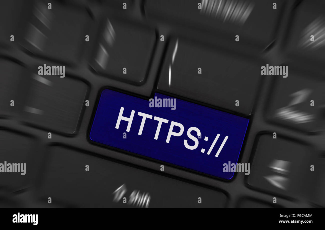 Https blu pulsante sulla tastiera nera sullo sfondo Foto Stock