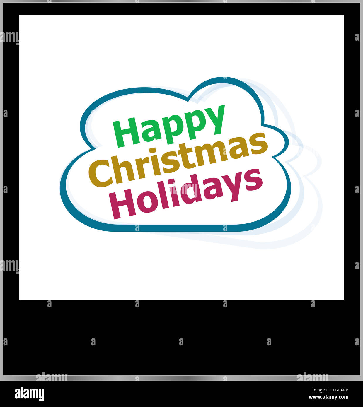 Felici vacanze di Natale parola sul cloud, isolato photo frame Foto Stock