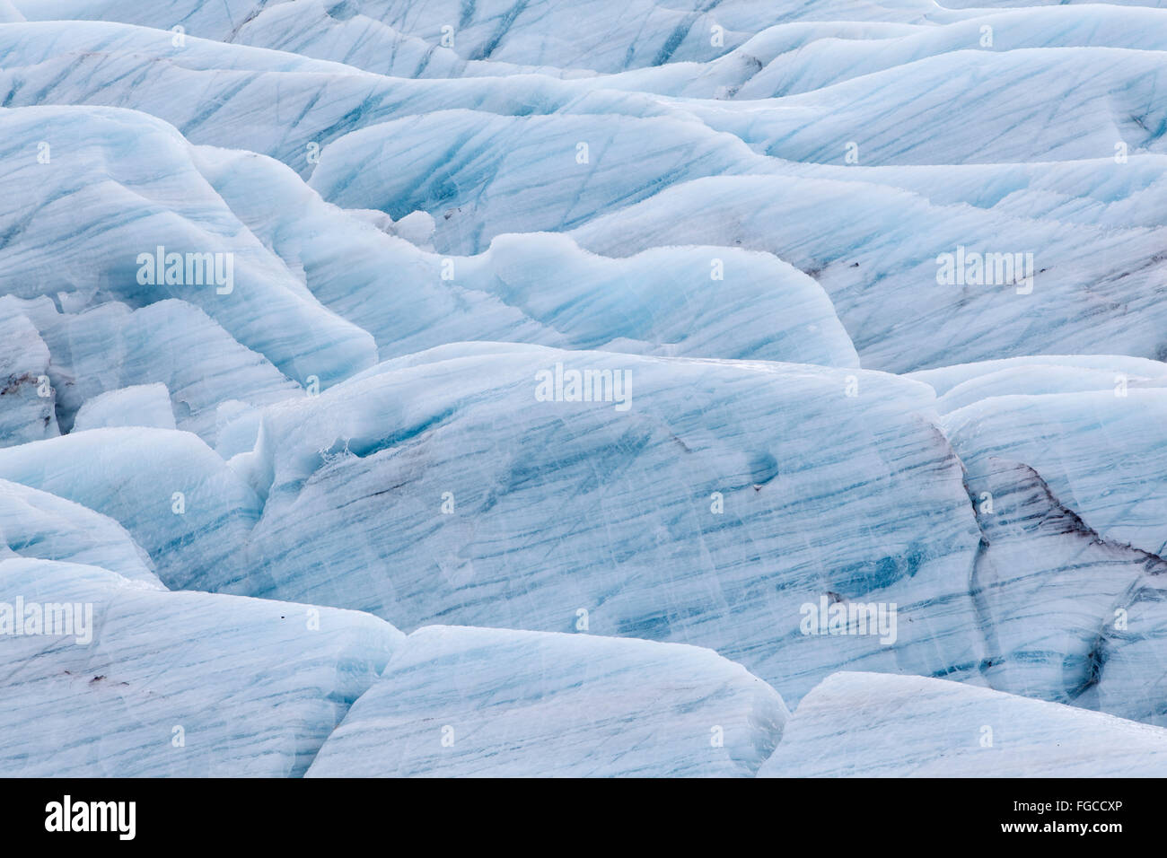 Ghiaccio rigata, crepacci, laguna glaciale del Svinafellsjökull, Regione meridionale Islanda Foto Stock