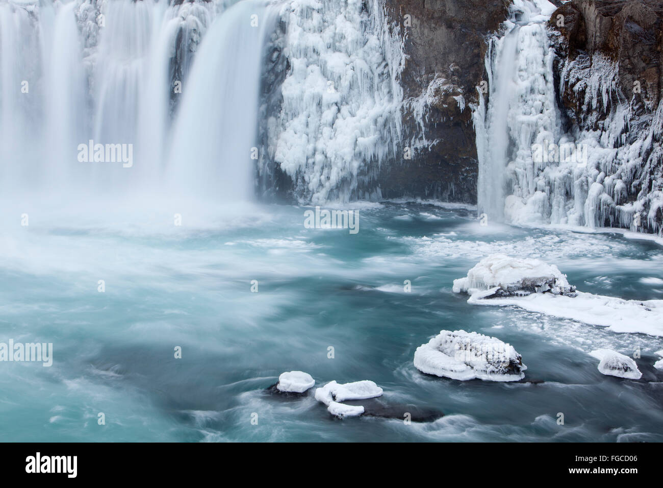 Godafoss in inverno, Fossholl, Regione del Sud, Islanda Foto Stock
