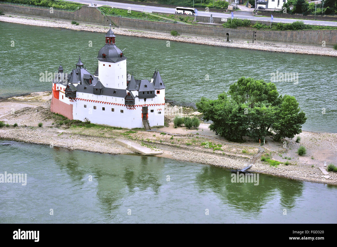 Il castello Pfalzgrafenstein sull'isola Falkenau vicino a Kaub dal di sopra, Valle del Reno superiore e centrale, Germania Foto Stock