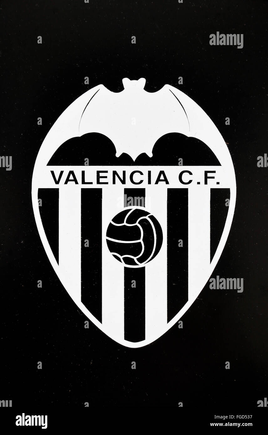Il Valencia CF La Liga football team bat logo alla formazione del team di massa (Ciudad Deportiva de Paterna) a Valencia, Spagna. Foto Stock
