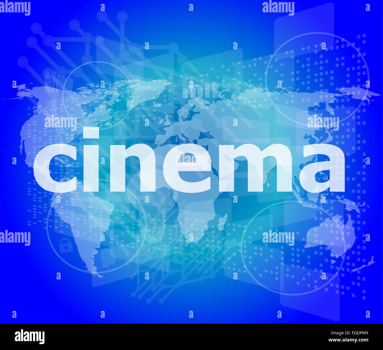 Cinema parola sulla schermata digitale con mappa del mondo Foto Stock