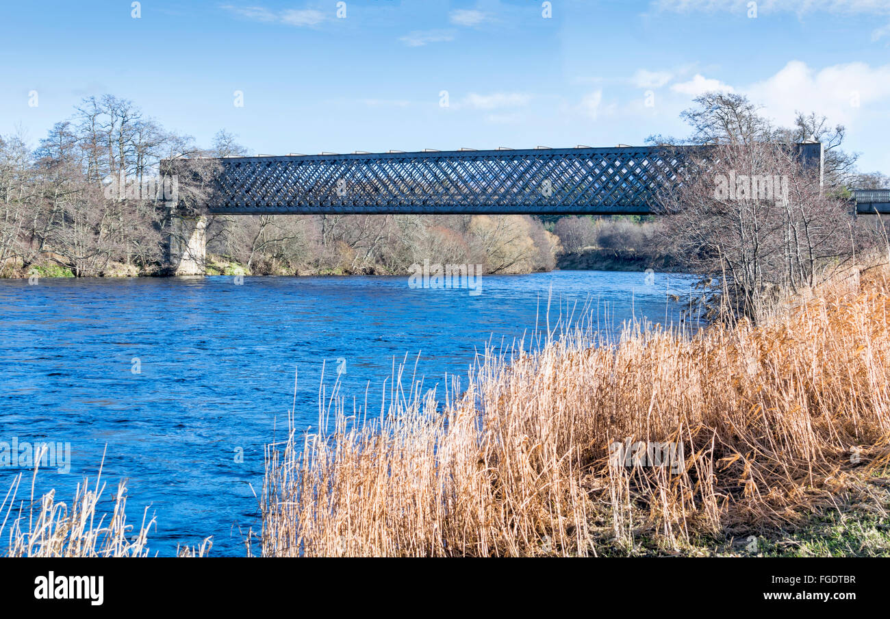 SPEYSIDE modo autunno erbe accanto a un vecchio ponte ferroviario a Ballindalloch utilizzato come una passerella per attraversare il fiume Spey Foto Stock