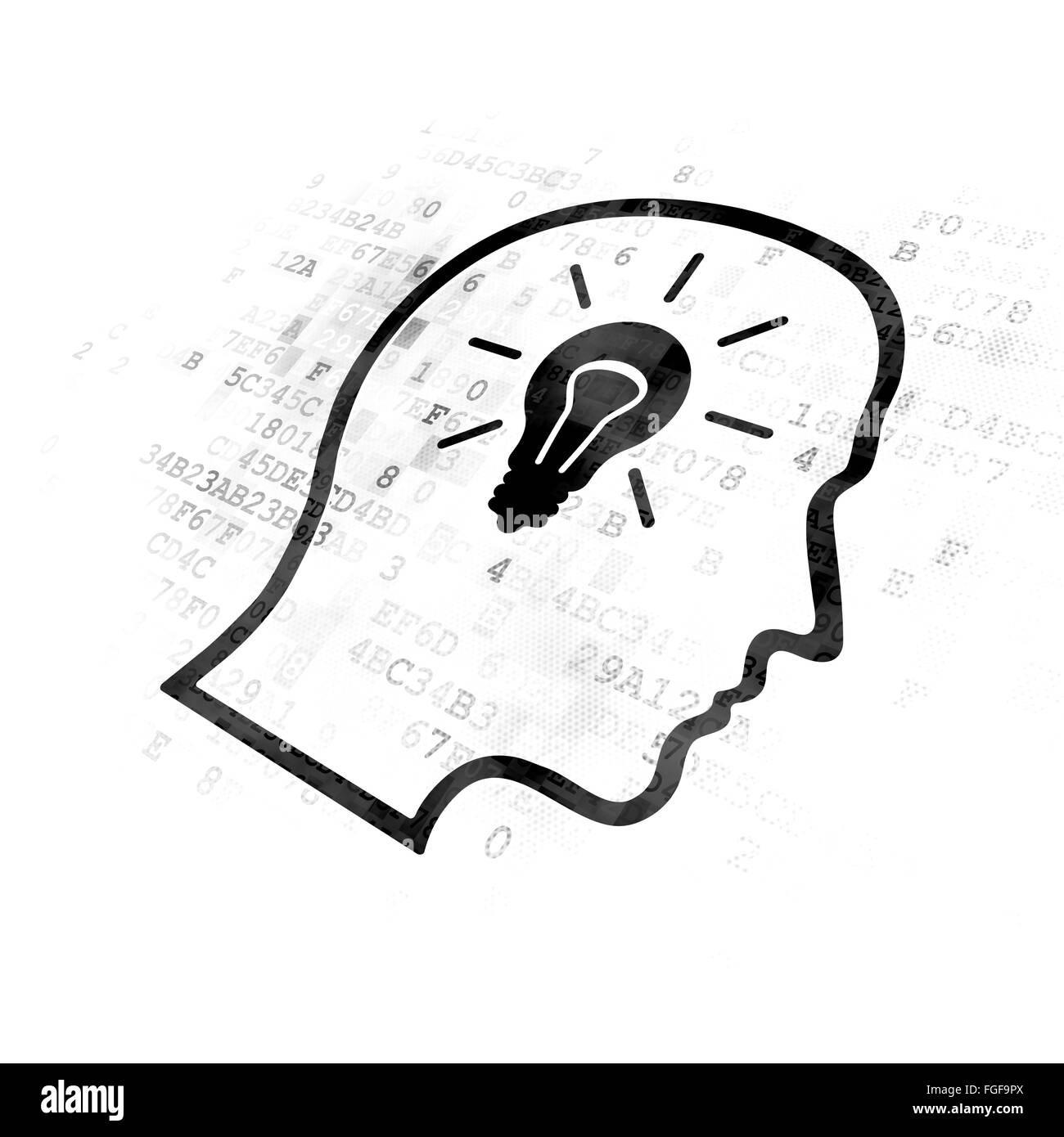 Concetto di dati: Testa con lampadina su sfondo digitale Foto Stock