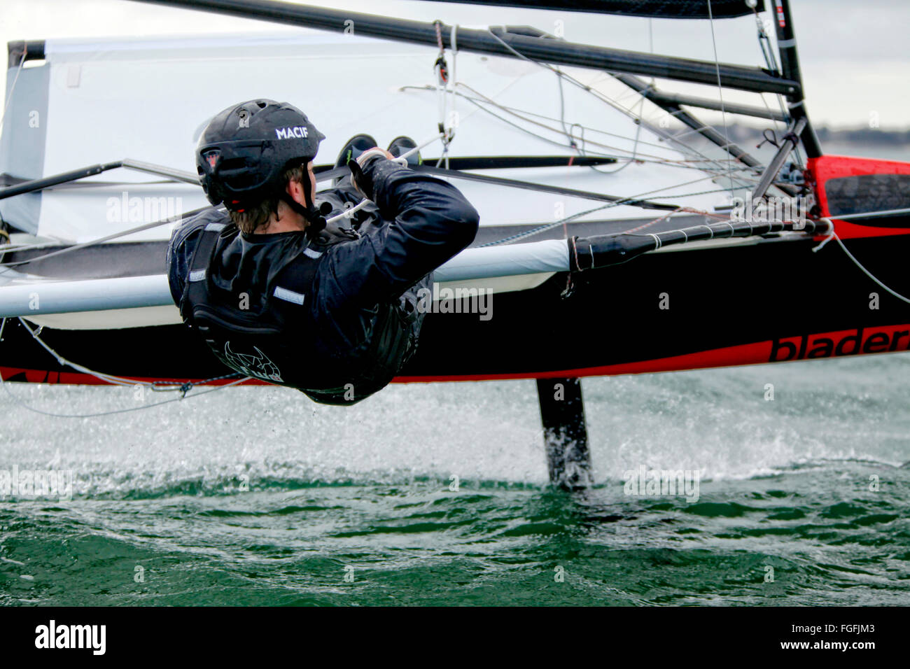 Prima sessione di volo su un trasferimento a caldo la tignola per Francois Gabart. Foto Stock