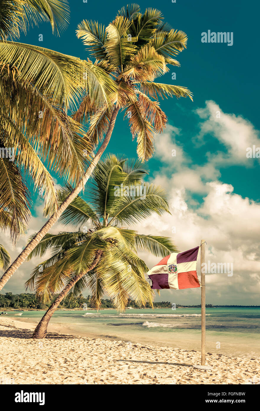 Spiaggia Caraibica e la bandiera della Repubblica Dominicana sull'isola di Saona Foto Stock