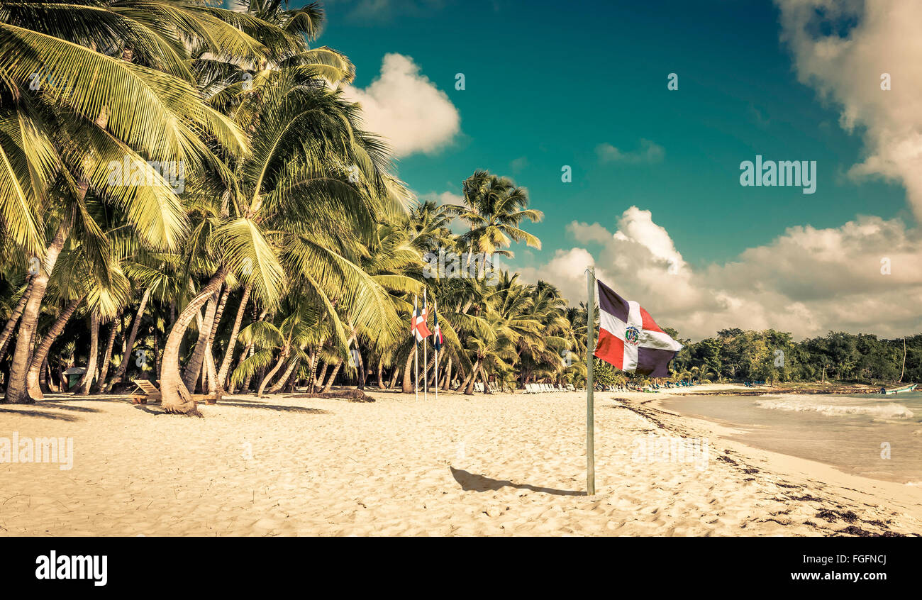 Spiaggia Caraibica e la bandiera della Repubblica Dominicana sull'isola di Saona Foto Stock
