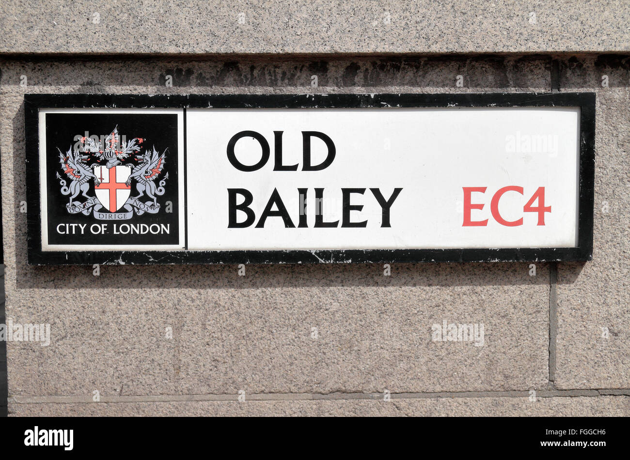 Un cartello stradale per Old Bailey, London EC4, Regno Unito. Foto Stock