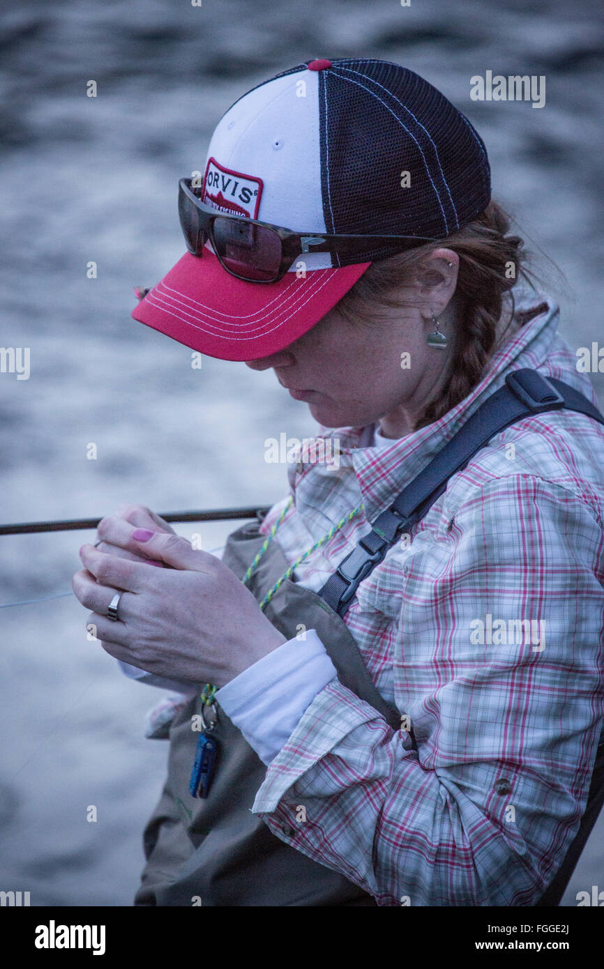 Una donna cambia mentre mosche per la pesca a mosca al crepuscolo in Montana. Foto Stock