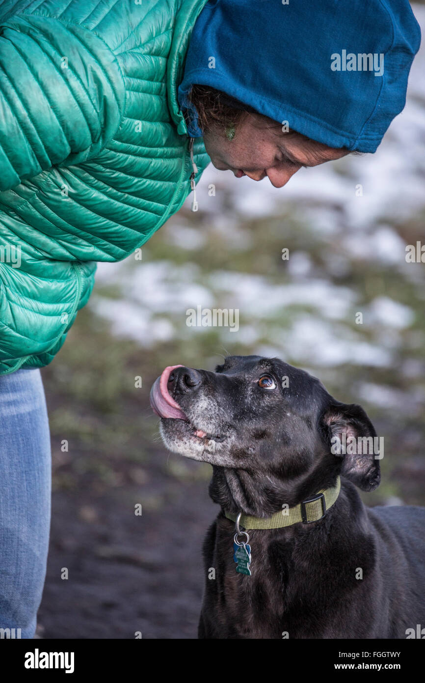 Donna con cane in campeggio in Montana in inverno. Foto Stock