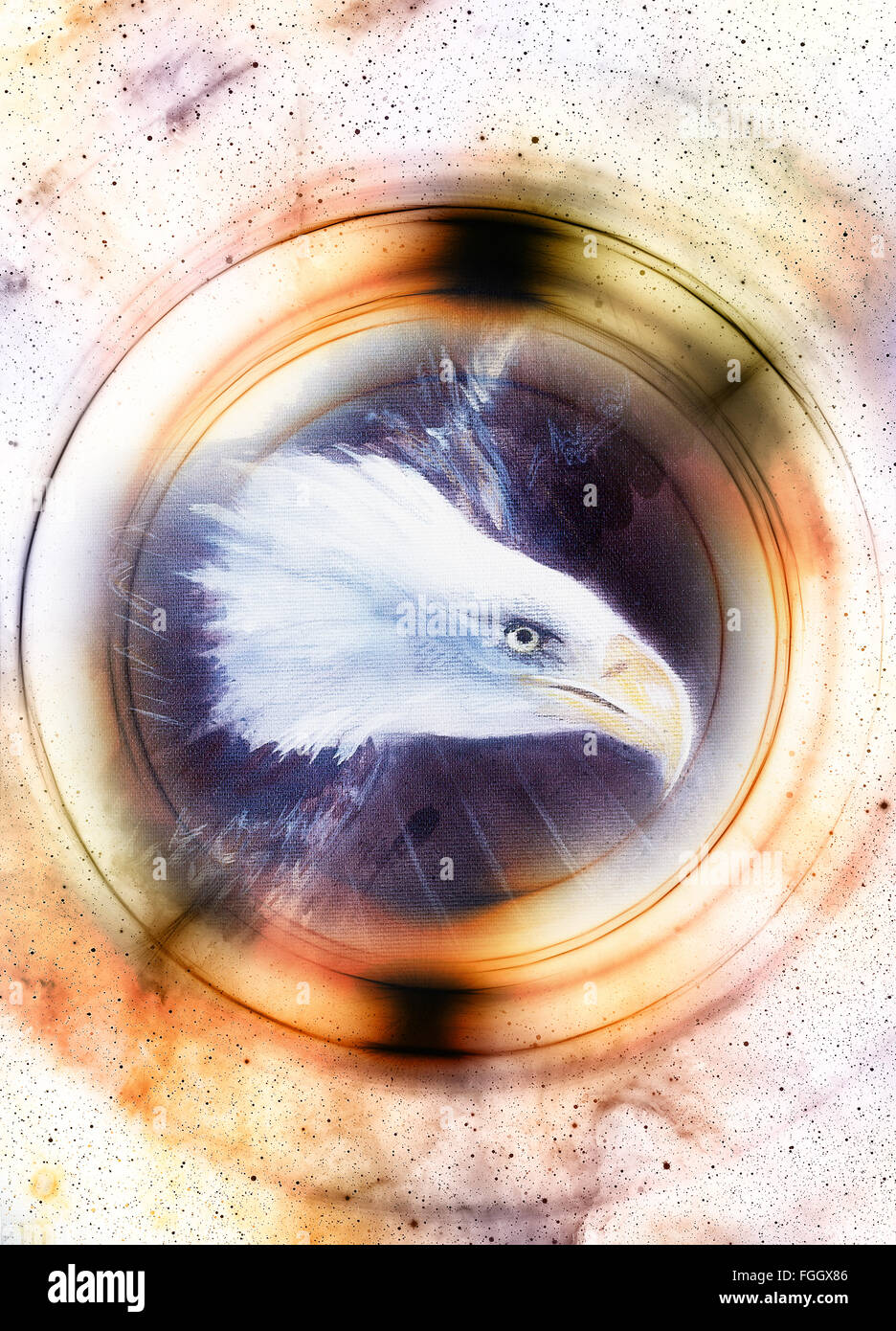 Eagle nello spazio cosmico e cerchio di luce. dipinto originale collage. Concetto di animale, profilo verticale. Colore seppia Foto Stock