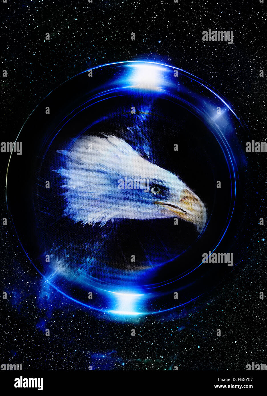Eagle nello spazio cosmico e cerchio di luce. dipinto originale collage. Specchio sul pianeta Terra. Concetto di animale, profilo verticale. Foto Stock